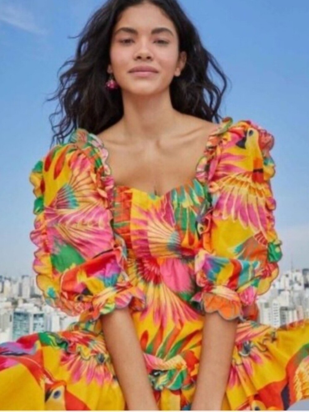 FARM RIO Colorful Toucans Scalloped Midi Dress Size Xs - Picture 3 of 6
